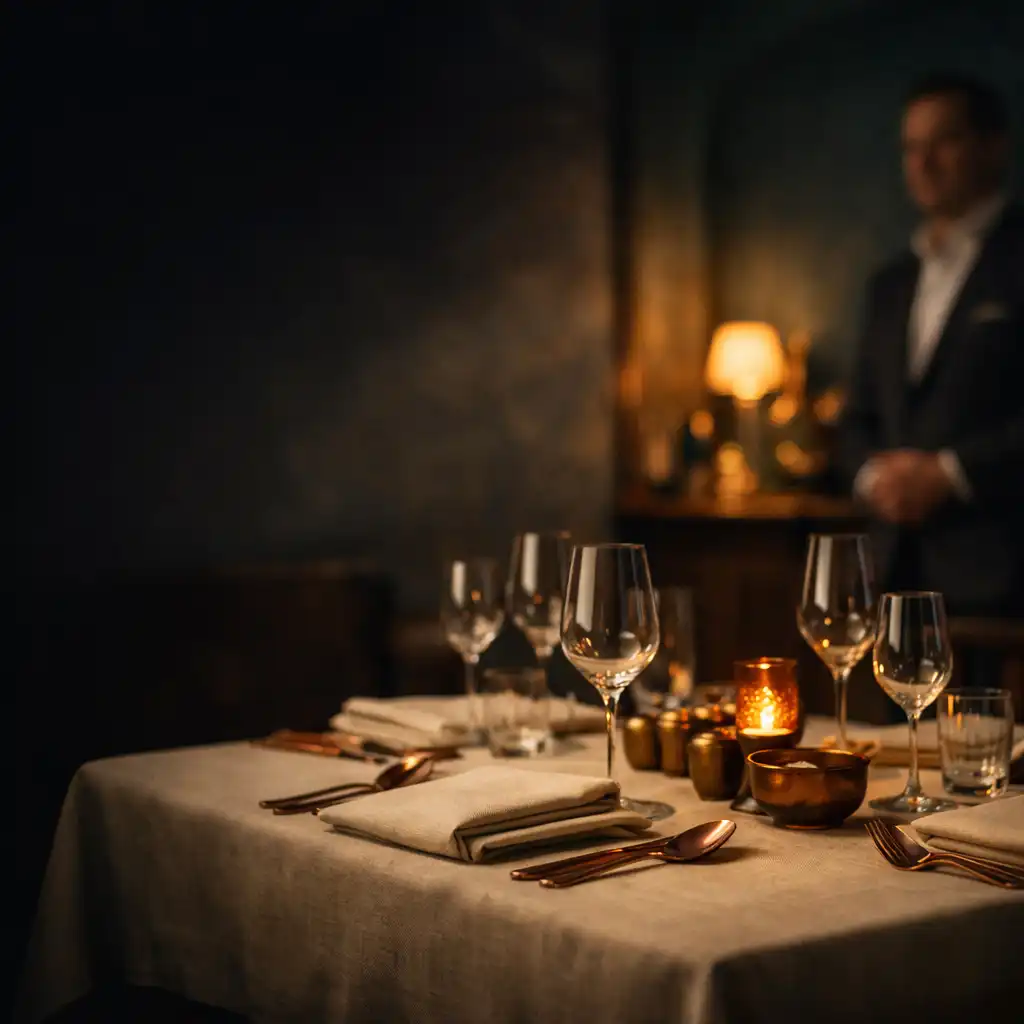 Melegen megvilágított, elegánsan megterített City Bistroo éttermi szalon