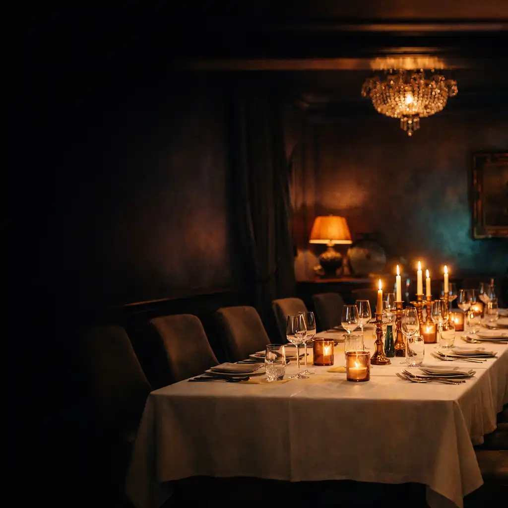 Gyertyafényes, hosszú asztallal berendezett City Bistroo éttermi szalon